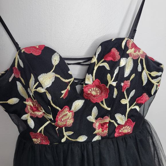 Mini Tulle Dress Balletcore Black Floral Layered Lace up Back 7 HoCo Formal - Picture 4 of 15